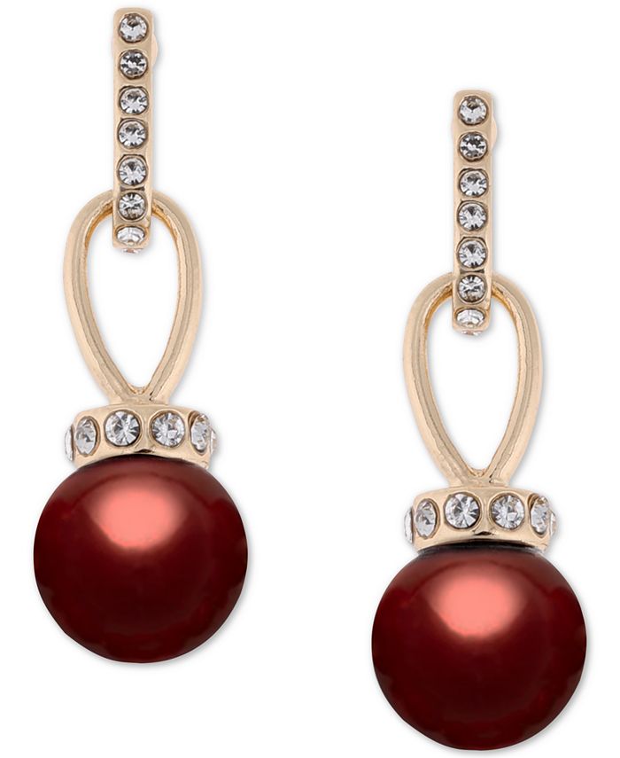 Charter Club Imitation Pearl and Pave Drop Earrings, Created for Macy's - Red