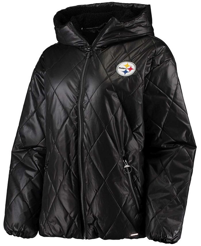 Msx By Michael Strahan Womens Black Pittsburgh Steelers Charlotte Full Zip Hoodie Puffer Jacket 