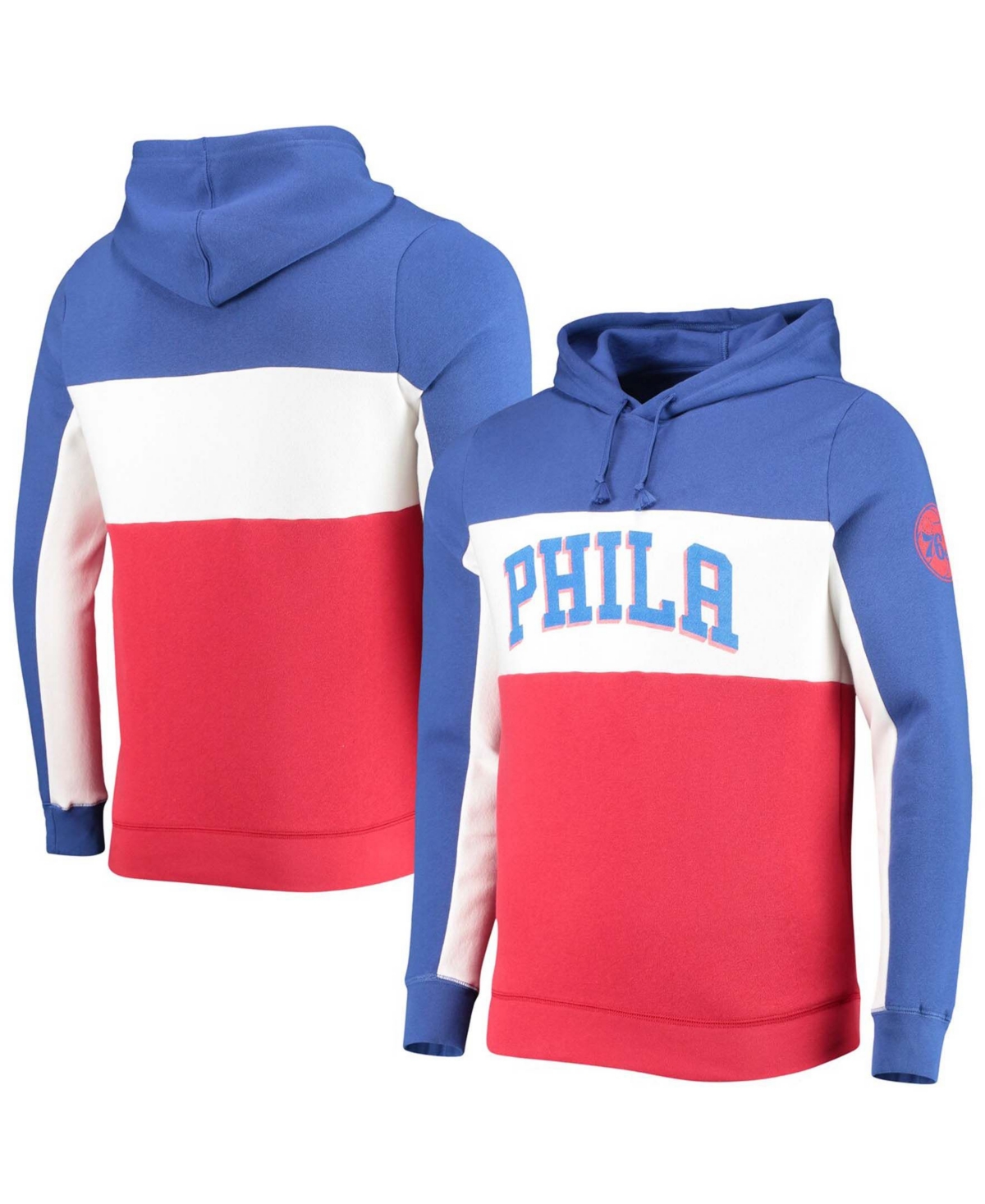 Men's Blue and White Philadelphia 76ers Wordmark Colorblock Fleece Pullover Hoodie - Blue, White
