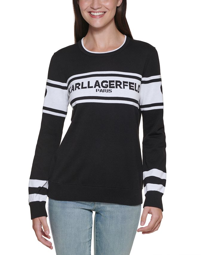 Karl Lagerfeld Paris Women's Long Sleeve Logo Sweater, Black/Soft
