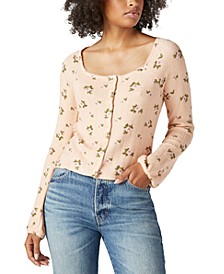 Printed Pointelle Button-Front Top