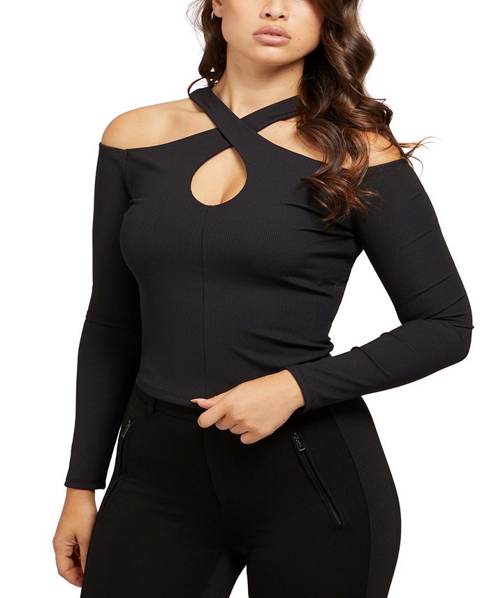GUESS Cold-Shoulder Crossover Halter Top - Macy's