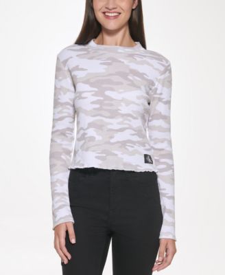 Camo Balloon Sleeve Waffle Knit Top