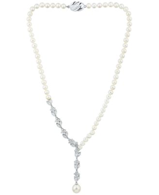 Arabella - Cultured Freshwater Pearl (9-9.5mm) & Cubic Zirconia 17" Lariat Necklace in Sterling Silver
