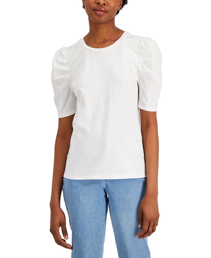 Puff sleeve pearl hot sale top