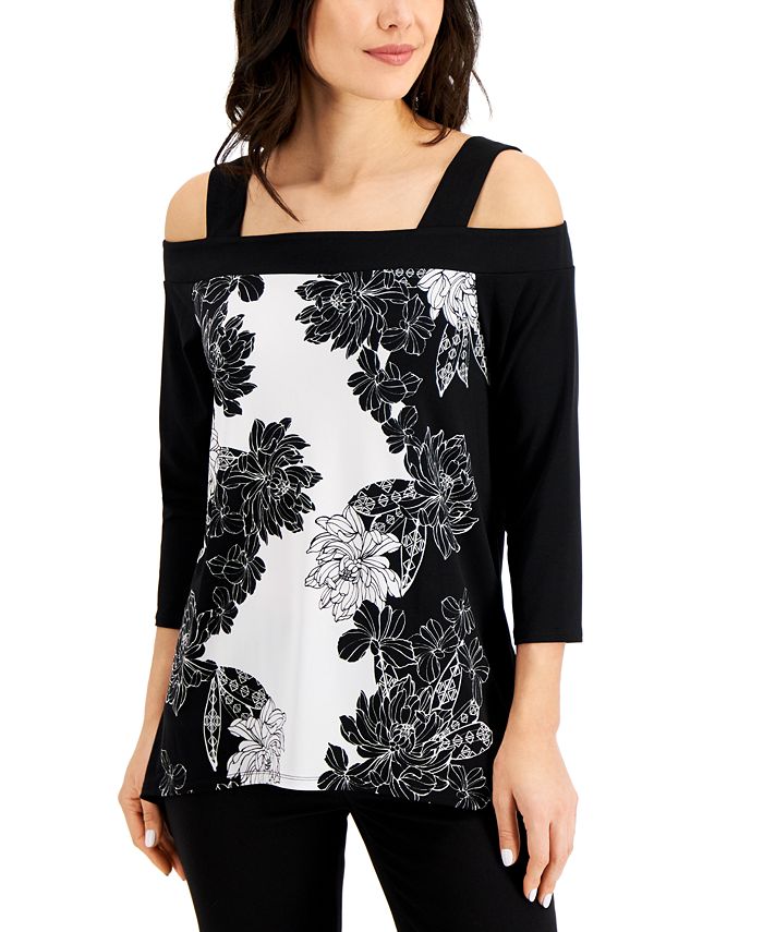 JM Collection Floral-Print Cold-Shoulder Top, Created for Macy's