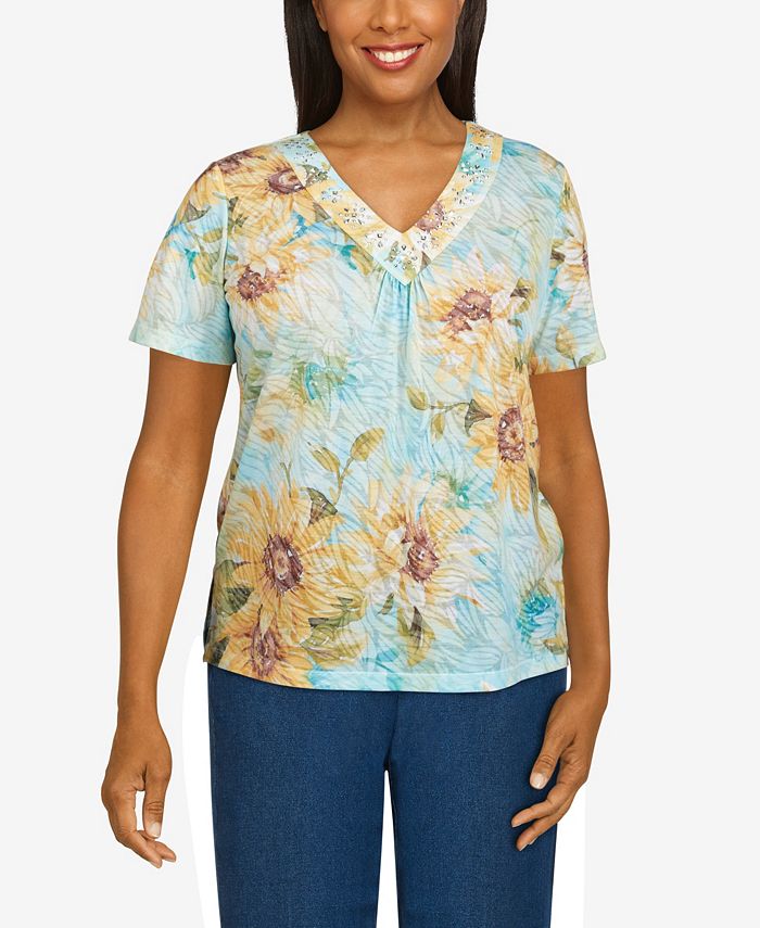 Alfred Dunner Petite Classics S2 Sunflowers Top - Macy's