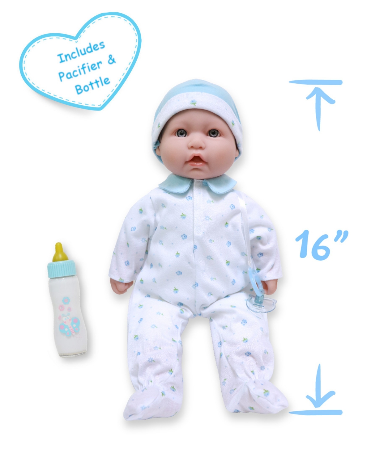 JC TOYS LA BABY CAUCASIAN 16" SOFT BODY BABY DOLL BLUE OUTFIT 