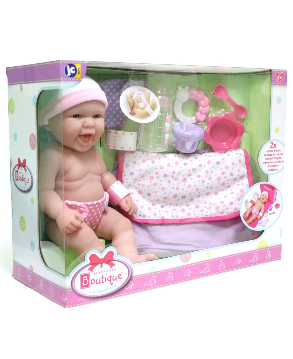 Jc Toys La Newborn 13" Smiling Baby Doll 10 Pcs Diaper Bag Gift Set In Diaper Bag Set - Pink