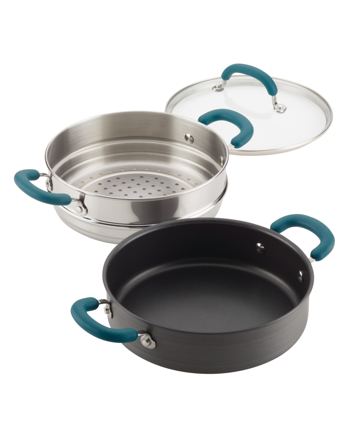 Rachael Ray Create Delicious Hard Anodized Aluminum Nonstick 3-Qt. Steam Set - Gray With Teal Handles