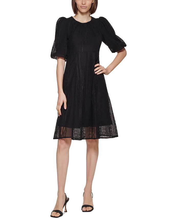 Calvin Klein Puff-Sleeve Lace A-Line Dress & Reviews - Dresses - Women -  Macy's