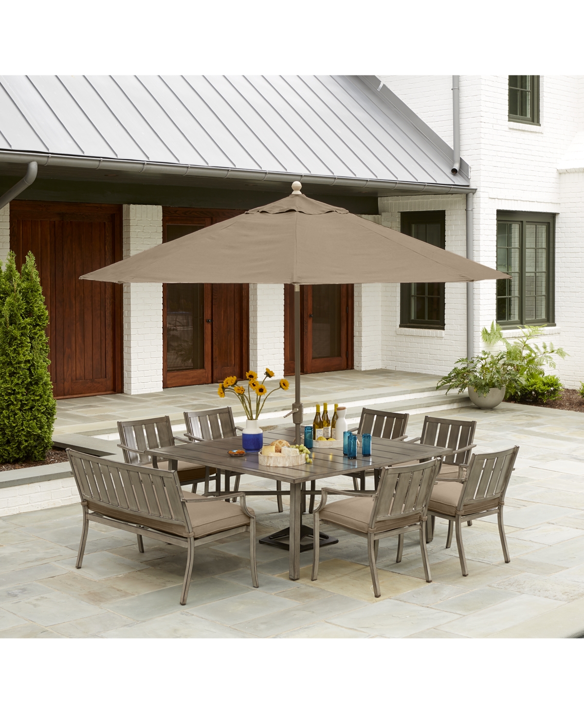 Agio Wayland Outdoor Aluminum 8-pc. Dining Set (64" Square Dining Table, 6 Dining Chairs & 1 Bench), Crea In Outdura Remy Pebble