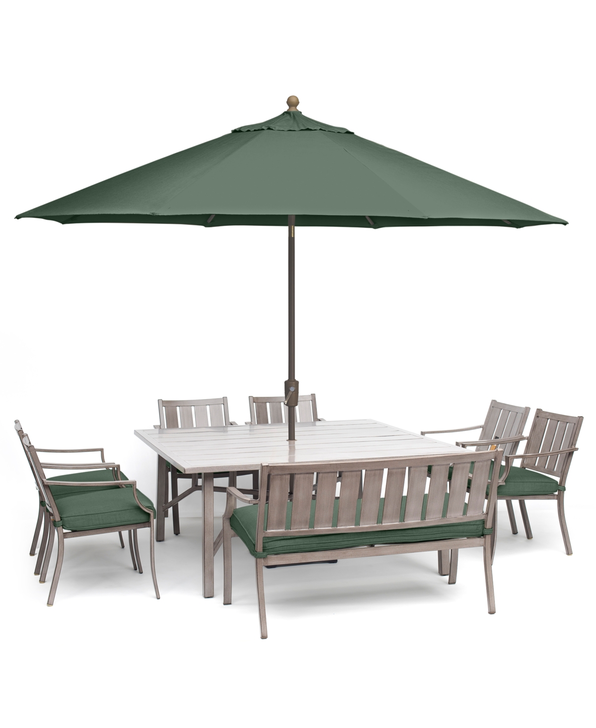 Agio Wayland Outdoor Aluminum 8-pc. Dining Set (64" Square Dining Table, 6 Dining Chairs & 1 Bench), Crea In Outdura Grasshopper