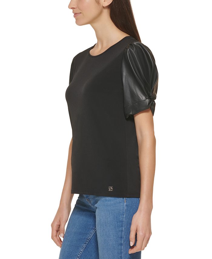 Calvin Klein Faux Leather Puff Sleeve Top Macy's