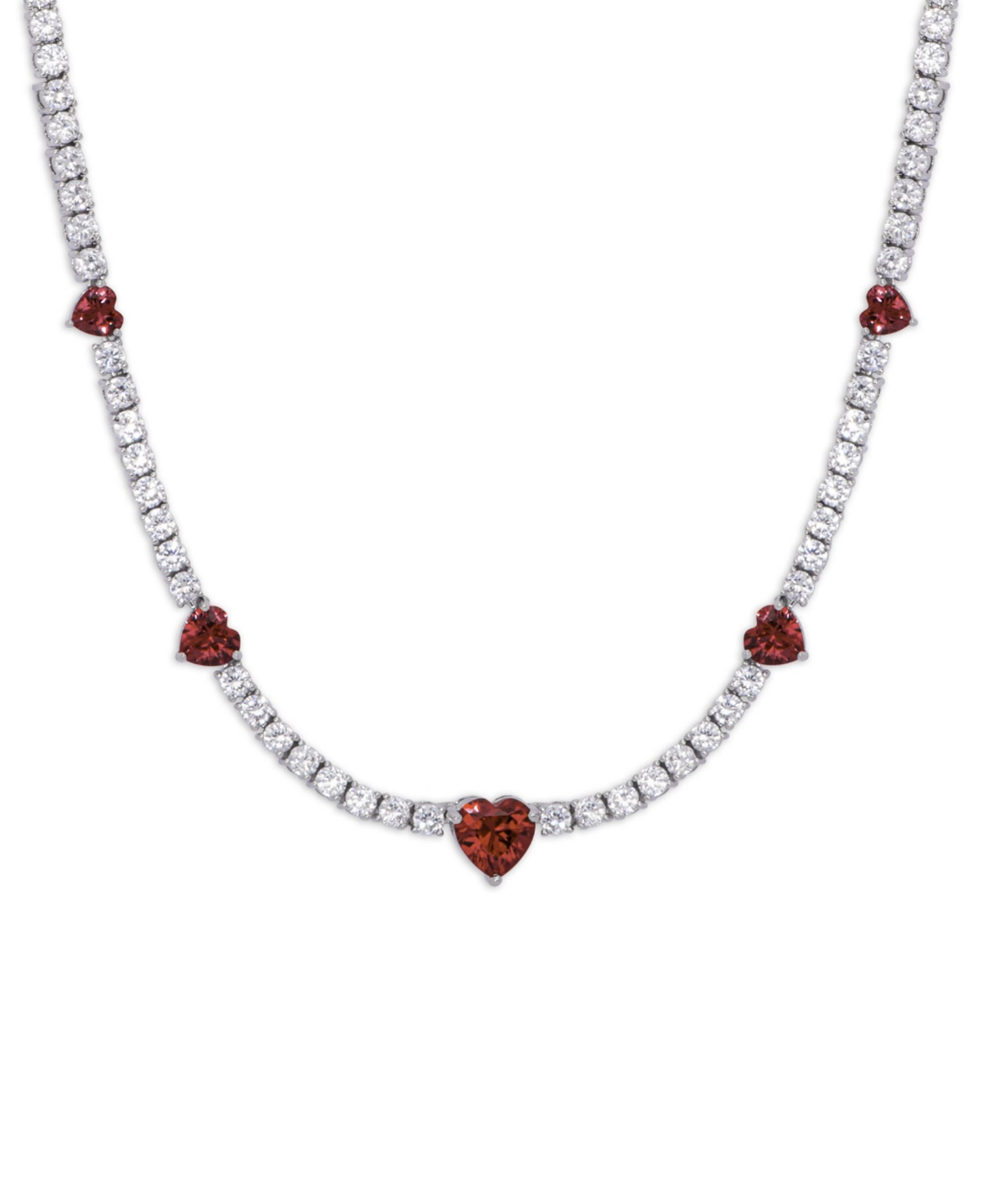 Simulated Ruby and Cubic Zirconia Heart Station Necklace in FinePlate - Silver