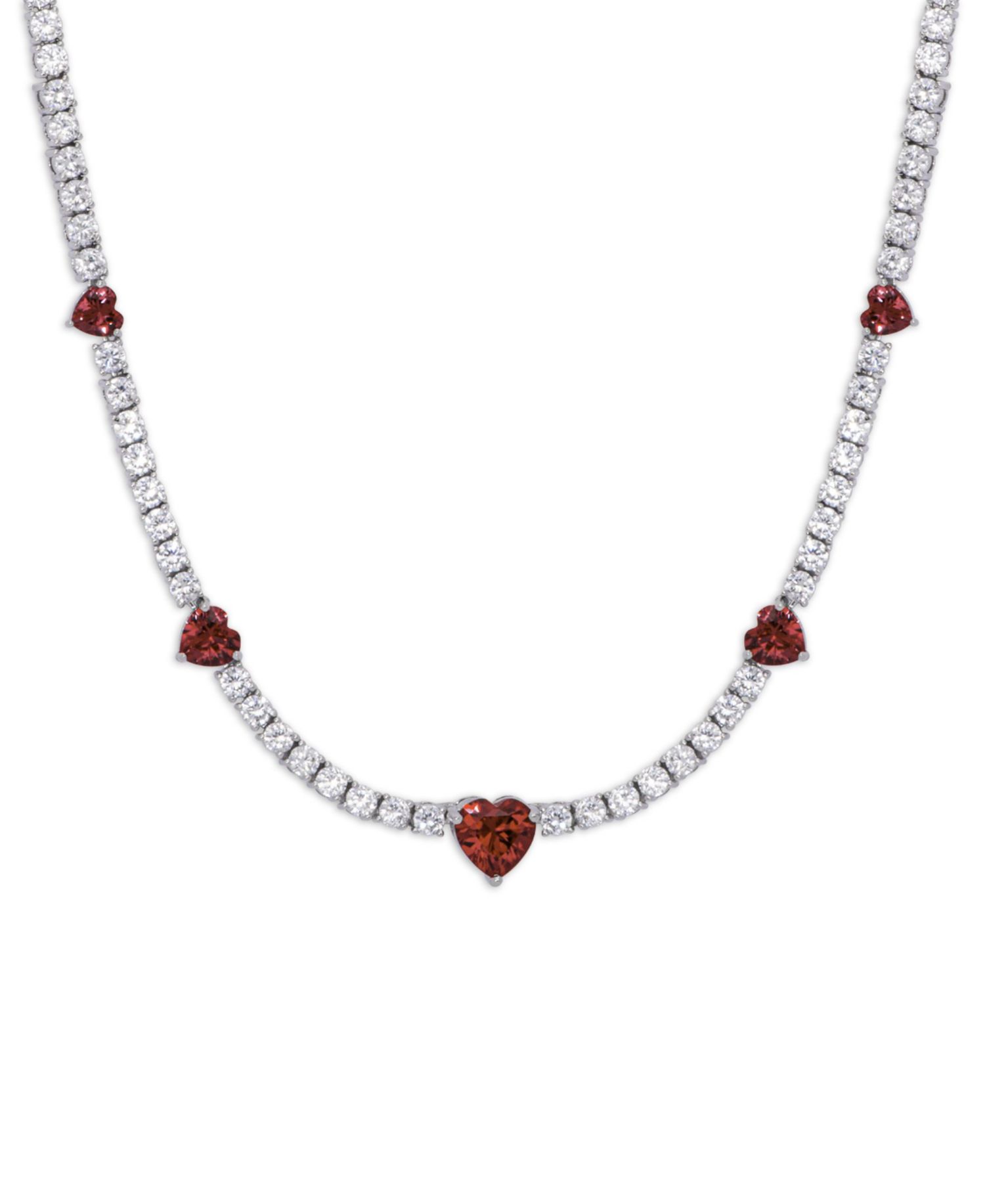 Simulated Ruby and Cubic Zirconia Heart Station Necklace in Fine Silver Plate