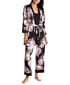 Floral-Print Wrap Robe, Cami & Cropped Pants Pajama Set