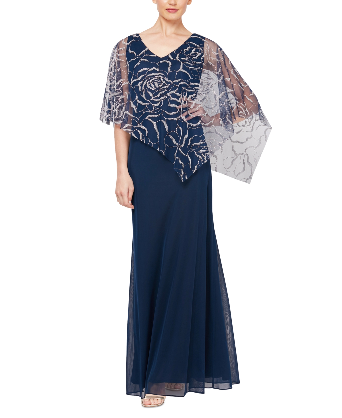 Popover V Neck Glitter Floral with Asymetric Cape - Navy