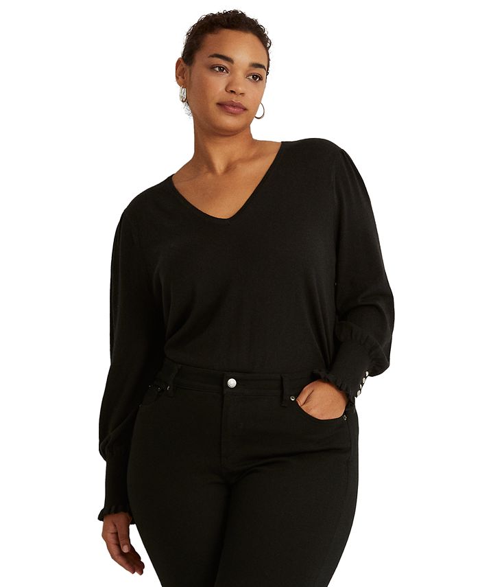 Lace Trim Button Cuff Long Sleeve Sweater