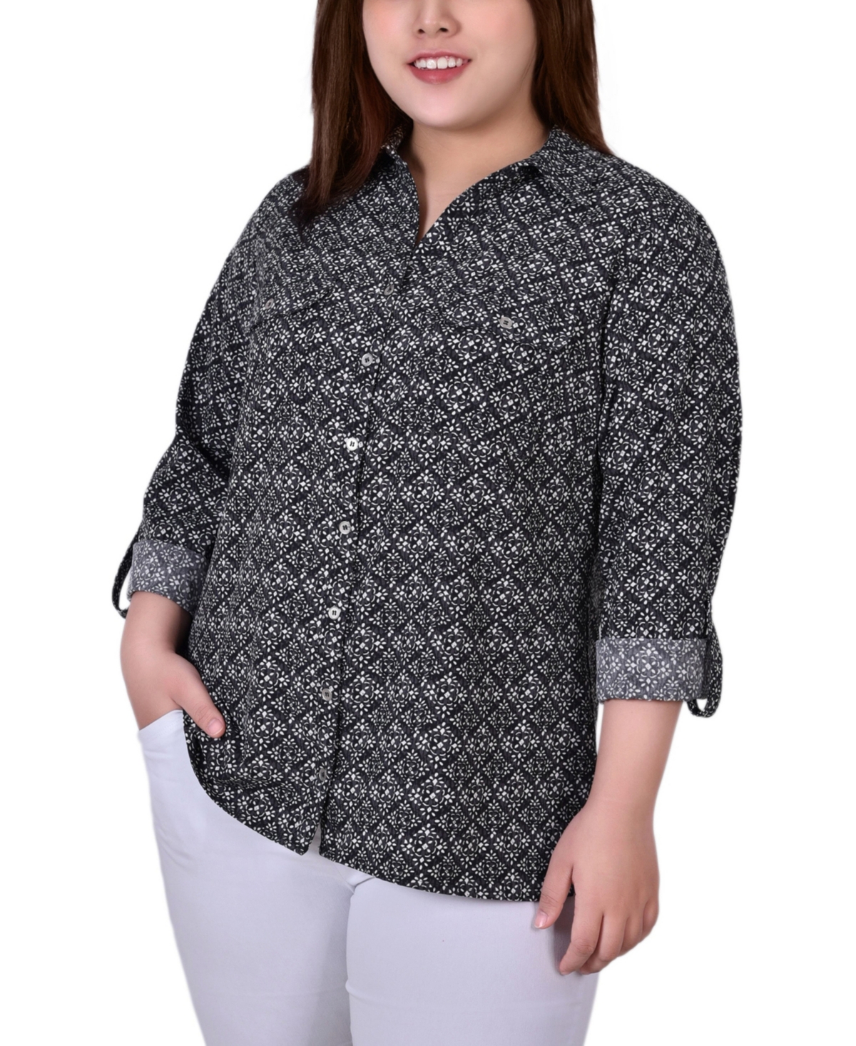 Ny Collection Plus Size 3/4 Sleeve Roll Tab Notch Collar Blouse Top In Black White Geometric