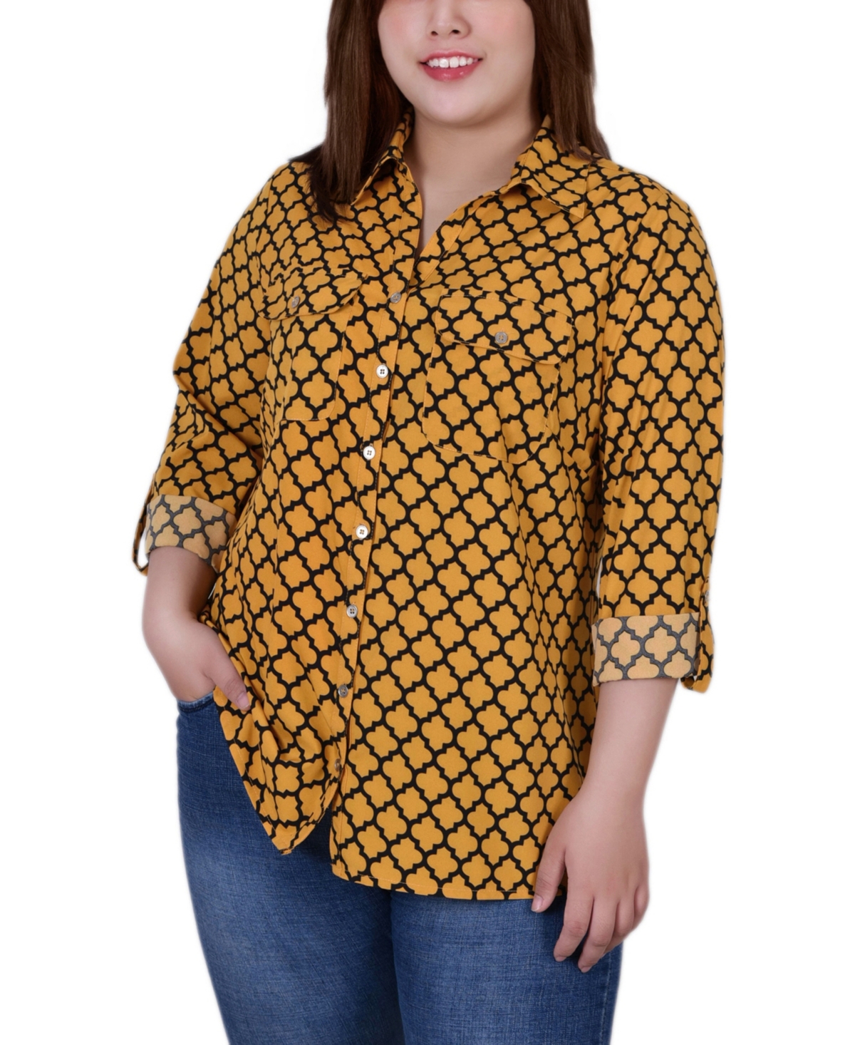 NY COLLECTION PLUS SIZE 3/4 SLEEVE ROLL TAB NOTCH COLLAR BLOUSE 