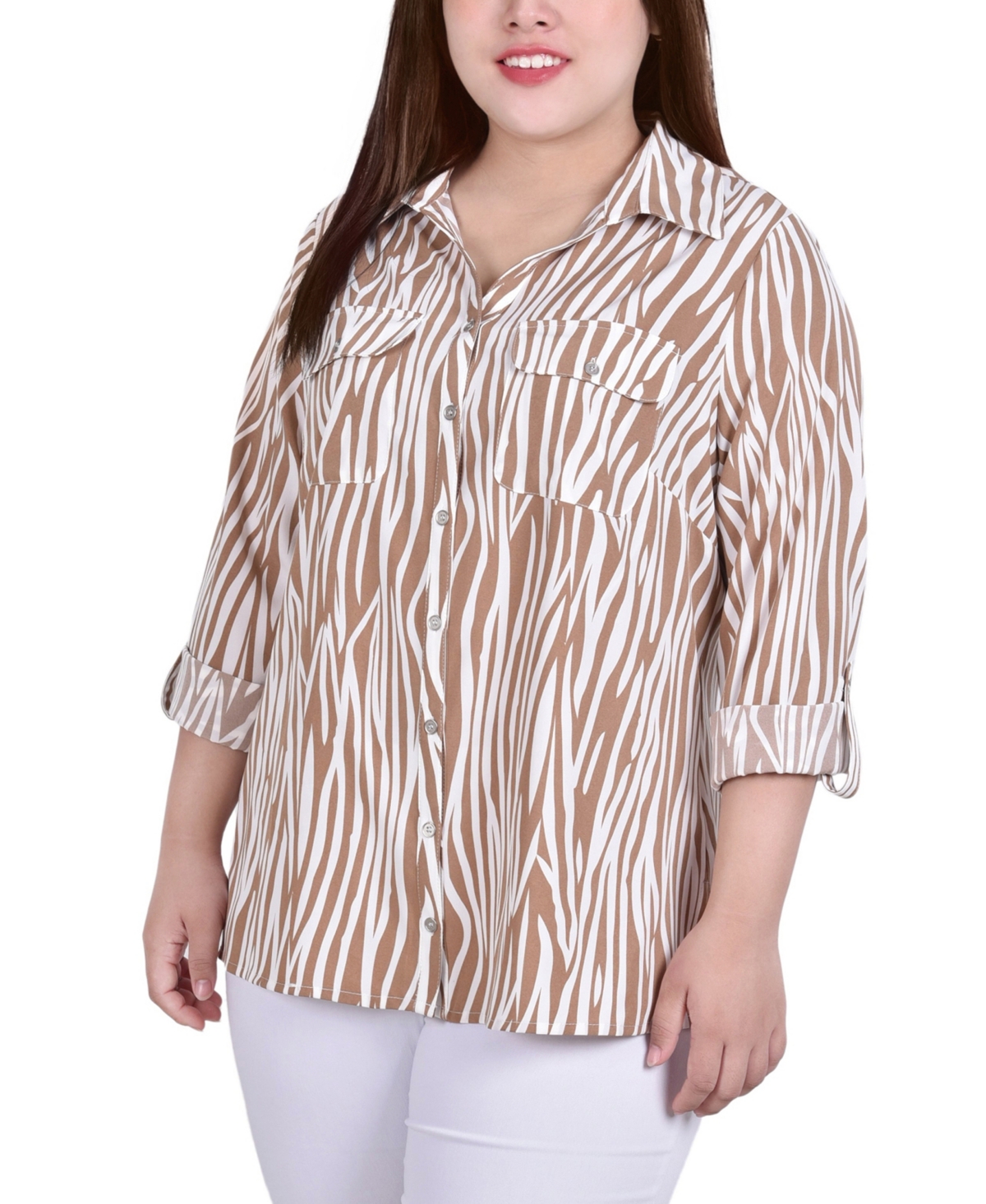 Ny Collection Plus Size 3/4 Sleeve Roll Tab Notch Collar Blouse Top In Praline White Animal