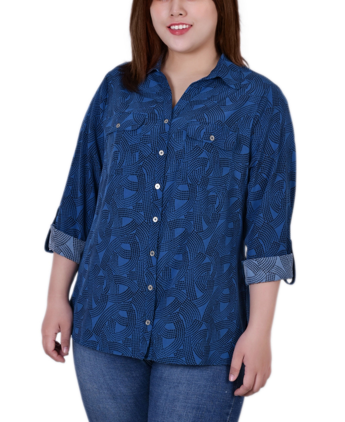 Ny Collection Plus Size 3/4 Sleeve Roll Tab Notch Collar Blouse Top In Black Dot Scroll Circle