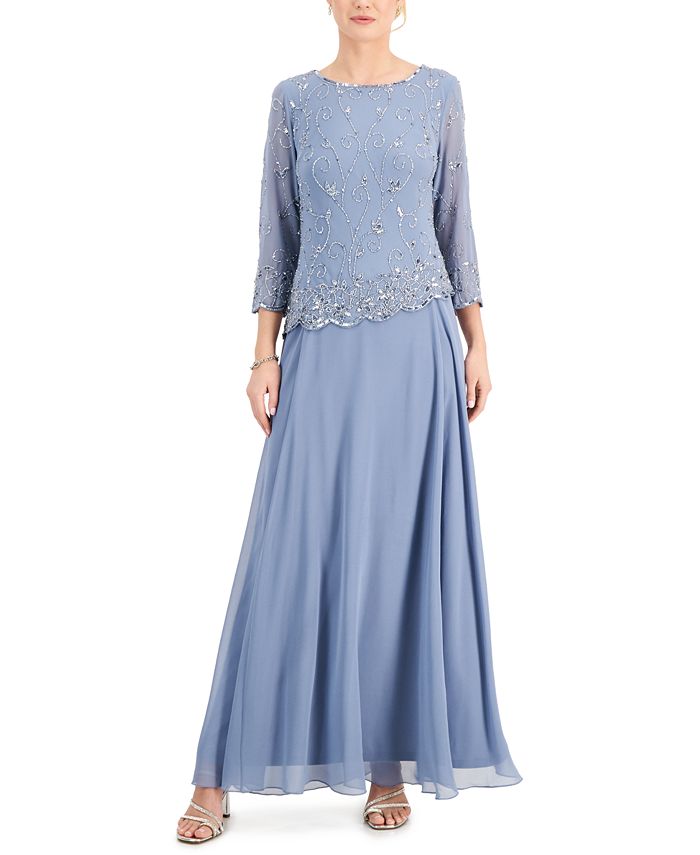 J Kara Beaded 3 4 Sleeve Gown Macy s