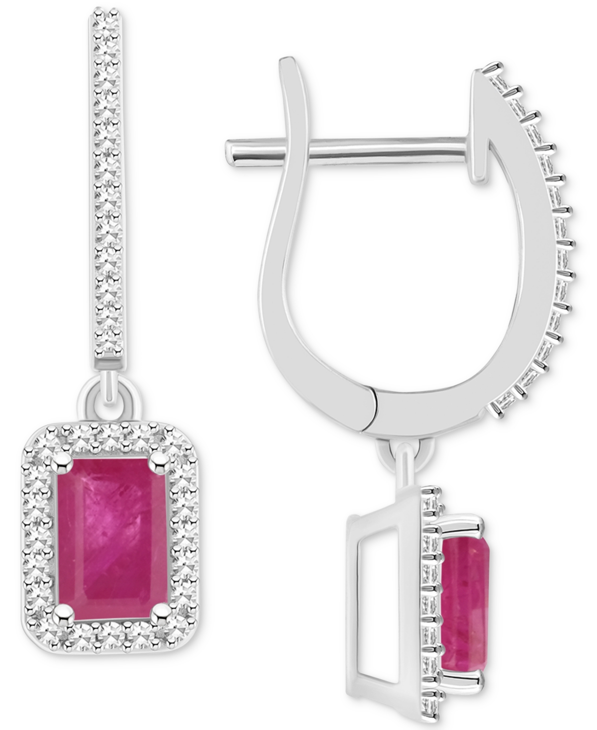 Macy's Emerald (1-1/8 Ct. T.w.) & Diamond (1/3 Ct. T.w.) Leverback Drop Earrings In Sterling Silver (also I In Ruby Red