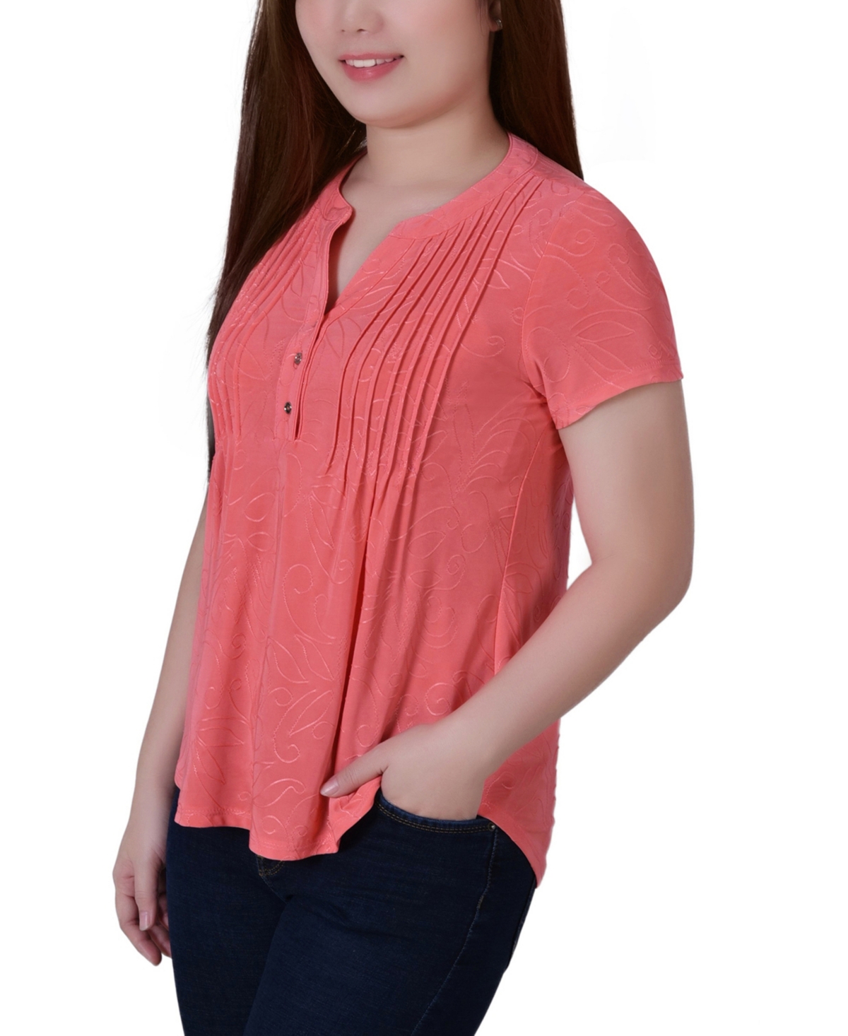 Ny Collection Petite Short Sleeve Y Neck Jacquard Knit Top