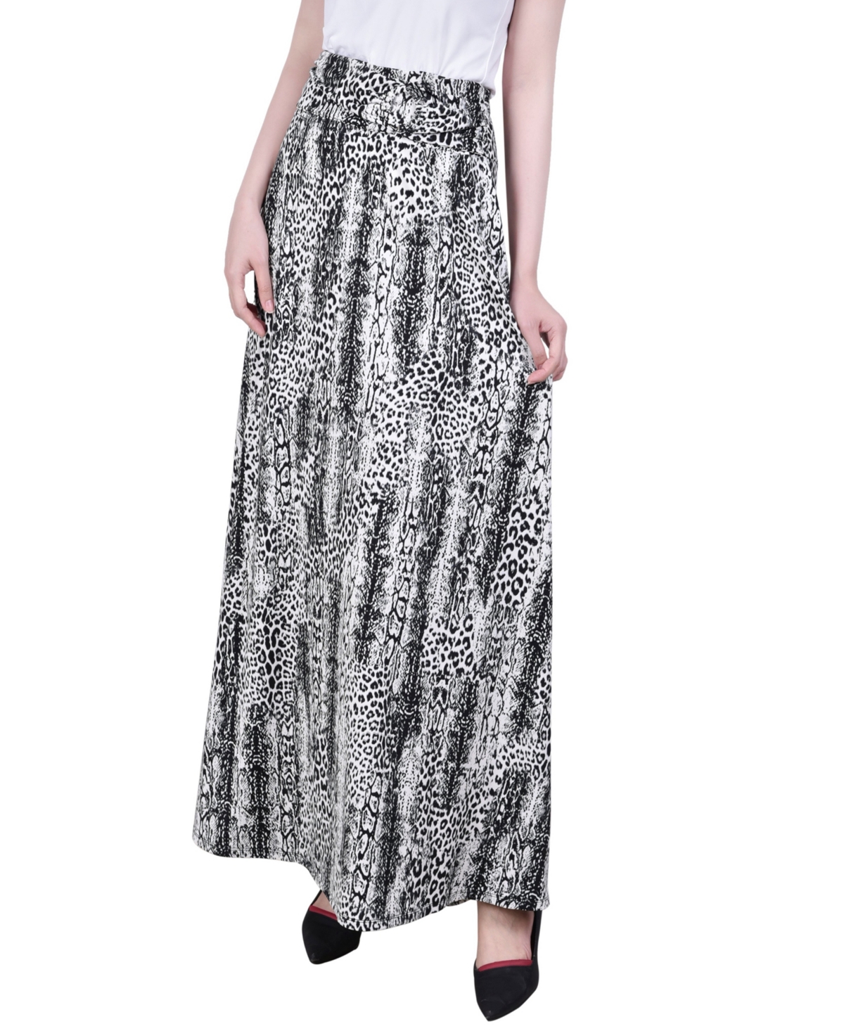 Ny Collection Petite Maxi A-line Skirt With Front Faux Belt With Ring Detail In Black Leosnake