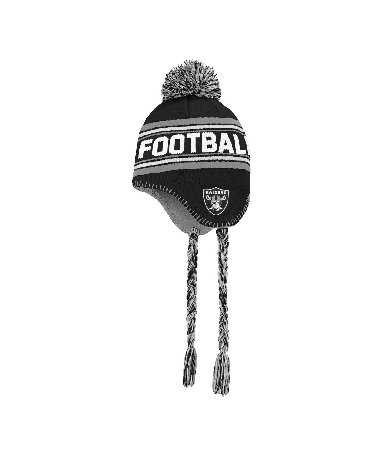 Outerstuff Babies' Preschool Boys And Girls Black And Silver Las Vegas Raiders Jacquard Tassel Knit Hat With Pom In Black,silver