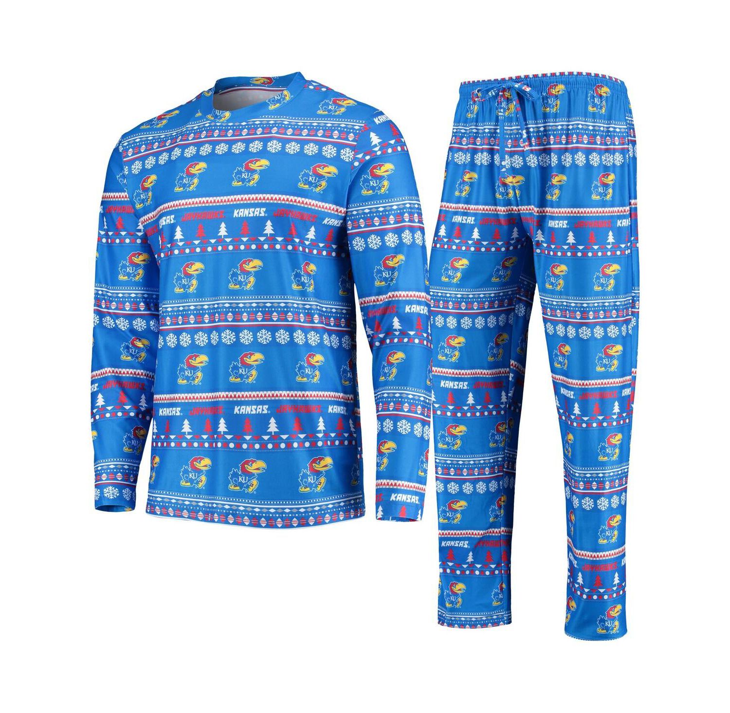 Men's Royal Kansas Jayhawks Ugly Sweater Long Sleeve T-shirt and Pants Sleep Set