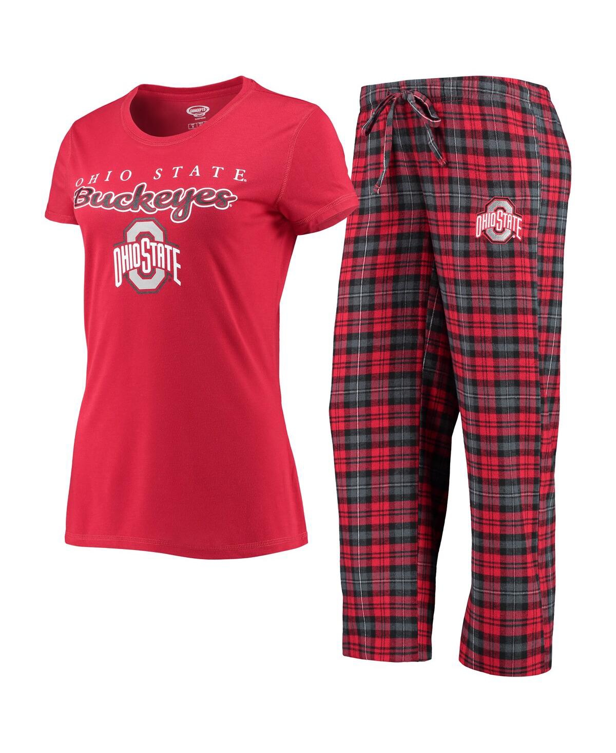 Concepts Sport Women's Scarlet, Black Ohio State Buckeyes Lodge T-shirt And Flannel Pants Sleep Set In Scarlet,black