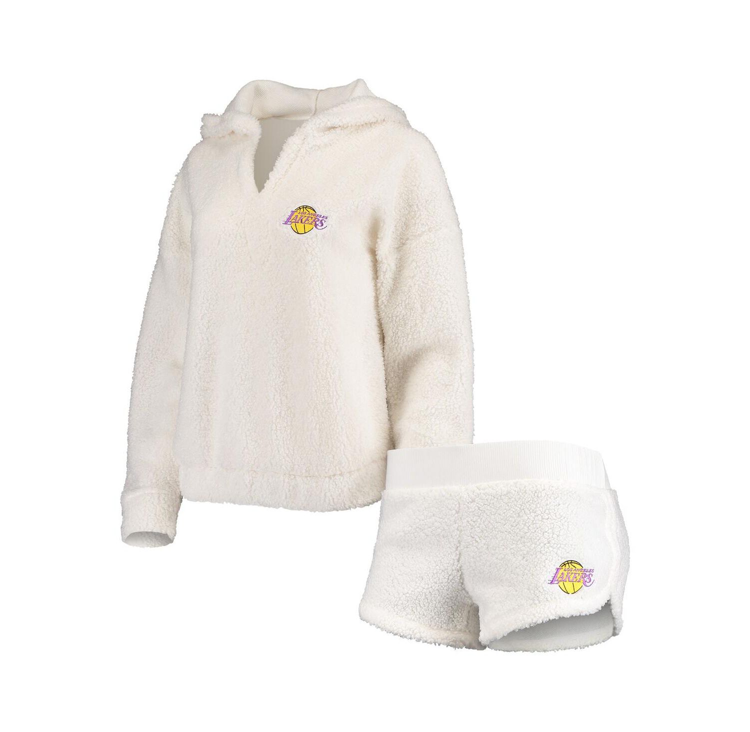 Women's Cream Los Angeles Lakers Fluffy Long Sleeve Hoodie Top and Shorts Sleep Set