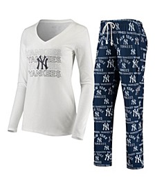 Women's White, Navy New York Yankees Flagship Long Sleeve V-Neck T-shirt and Pants Sleep Set