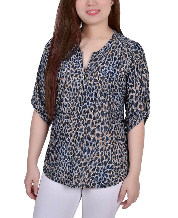 Red Sakadotduo 3/4 Roll Tab Zip Front Jacquard Knit Top - Plus
