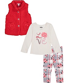 Baby Girls Button-up Sherpa Vest, Graphic T-shirt and Leggings, 3 Piece Set