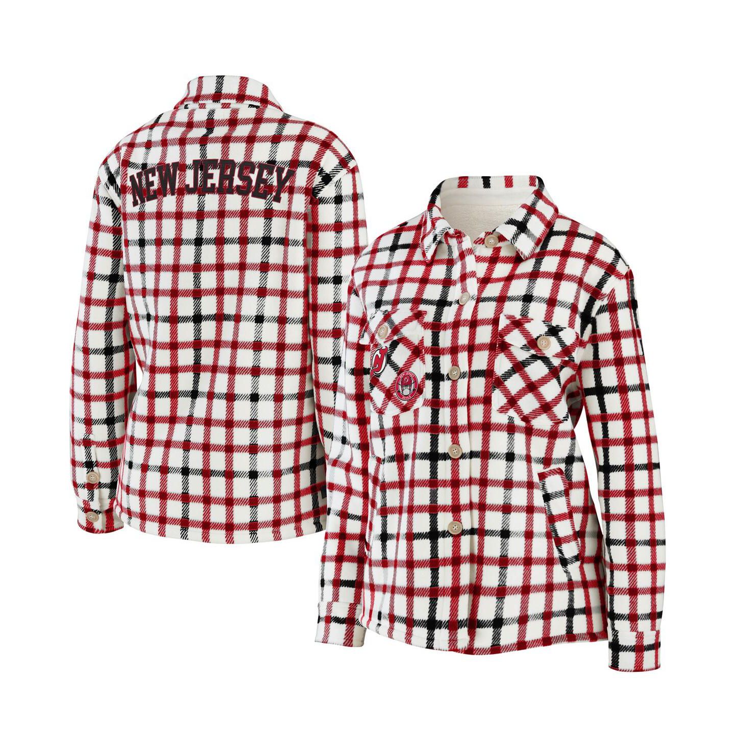 Женская куртка WEAR by Erin Andrews Oatmeal New Jersey Devils Plaid Button-Up Shirt Jacket — фото 1