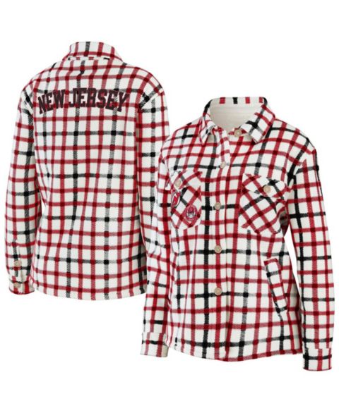 Женские куртки WEAR by Erin Andrews Women's Oatmeal New Jersey Devils Plaid Button-Up Shirt Jacket