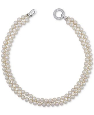 Cultured Freshwater Pearl (7 - 8mm) & Cubic Zirconia Double Strand 17" Collar Necklace