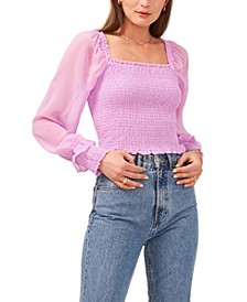Long Sleeve Square Neck Smocked Bodice Top