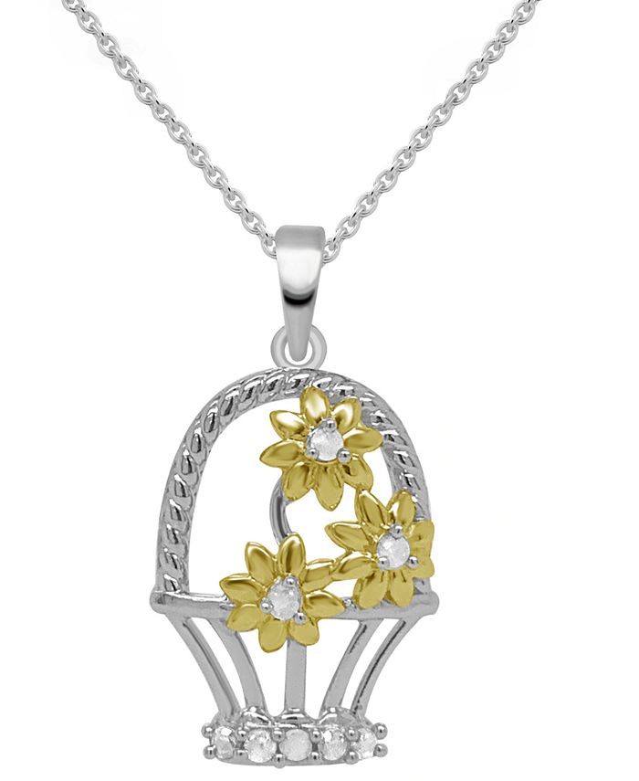 Macy's - Diamond Flower Basket 18" Pendant Necklace (1/10 ct. t.w.) in Sterling Silver & 14k Gold-Plate