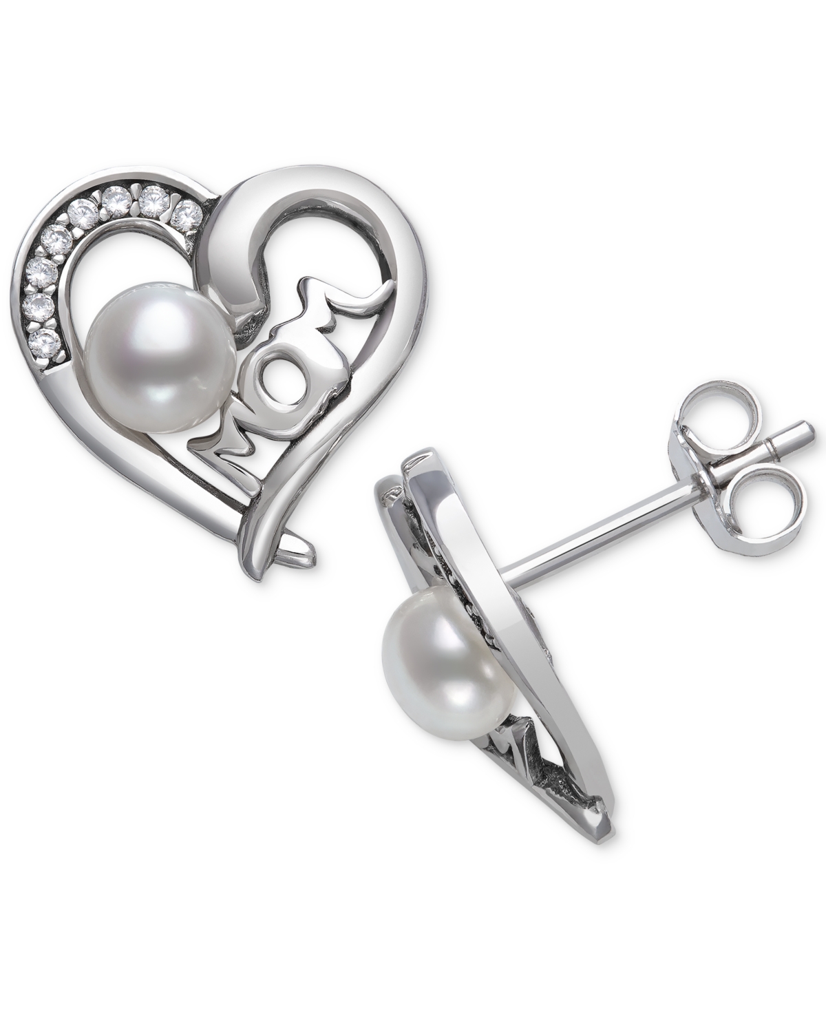 Cultured Freshwater Button Pearl (4mm) & Cubic Zirconia Mom Heart Stud Earrings in Sterling Silver - Sterling Silver