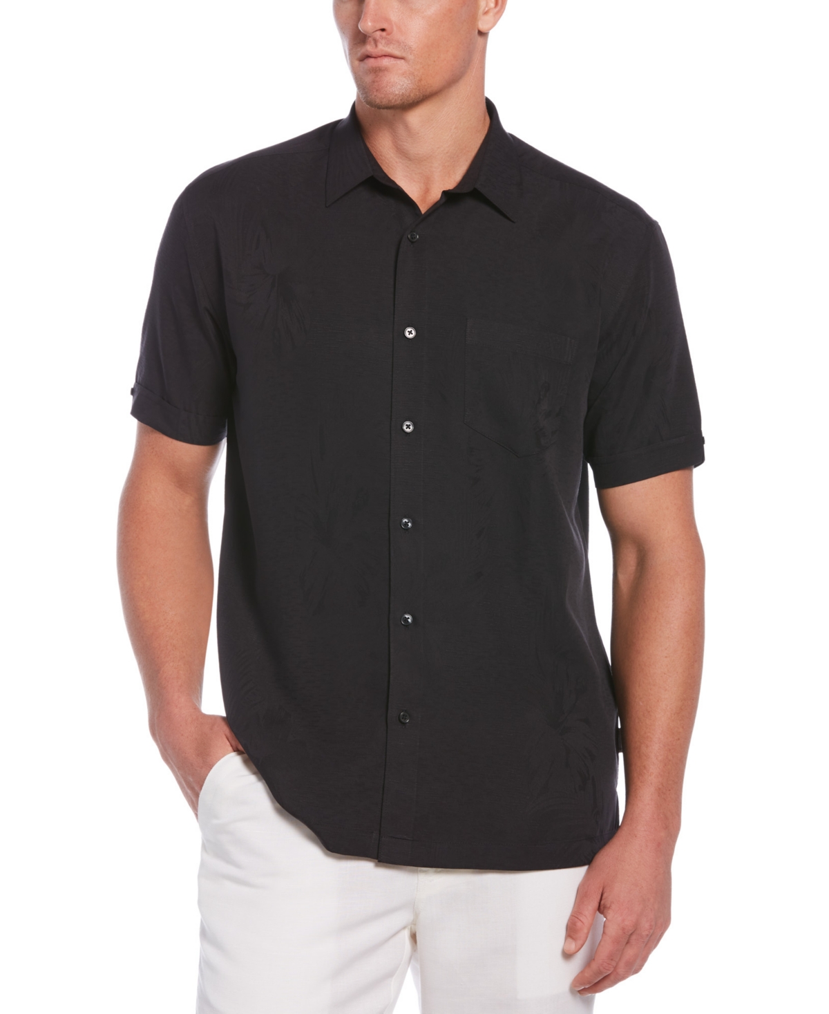 Cubavera Men's Big & Tall Floral Textured Jacquard Short Sleeve Shirt In Jet Black