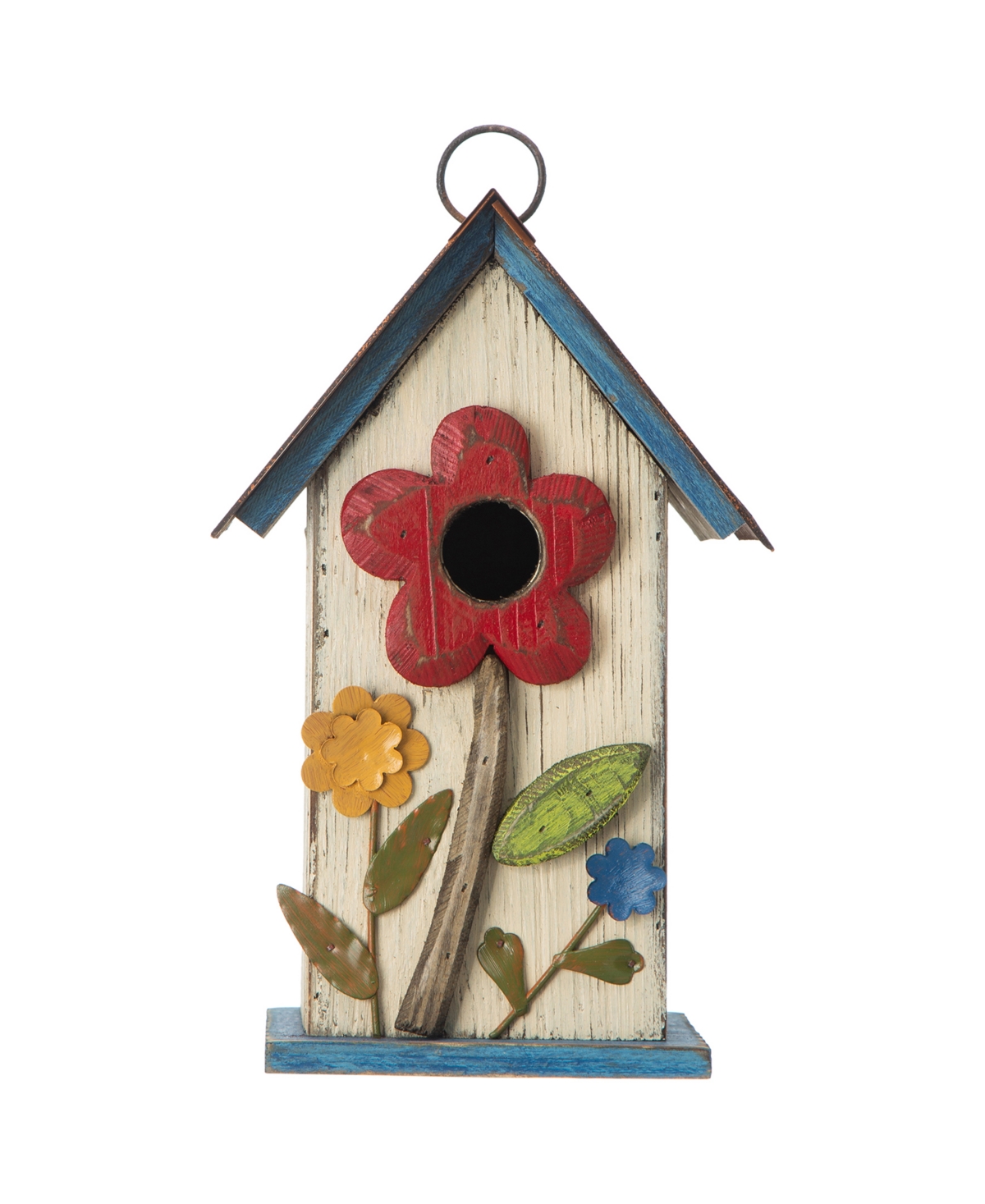 Glitzhome 10.25" Washed Birdhouse With 3d Flowers In Off-white