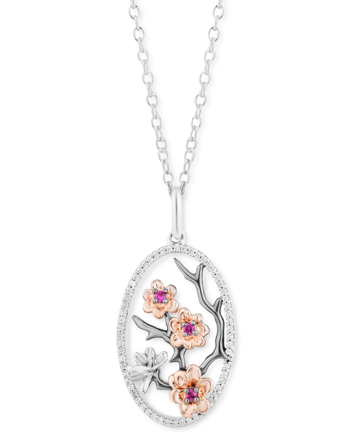 Rhodolite Garnet (1/20 ct. t.w.) & Diamond (1/6 ct. t.w.) Mulan Flower Pendant Necklace in Sterling Silver & 14k Rose Go