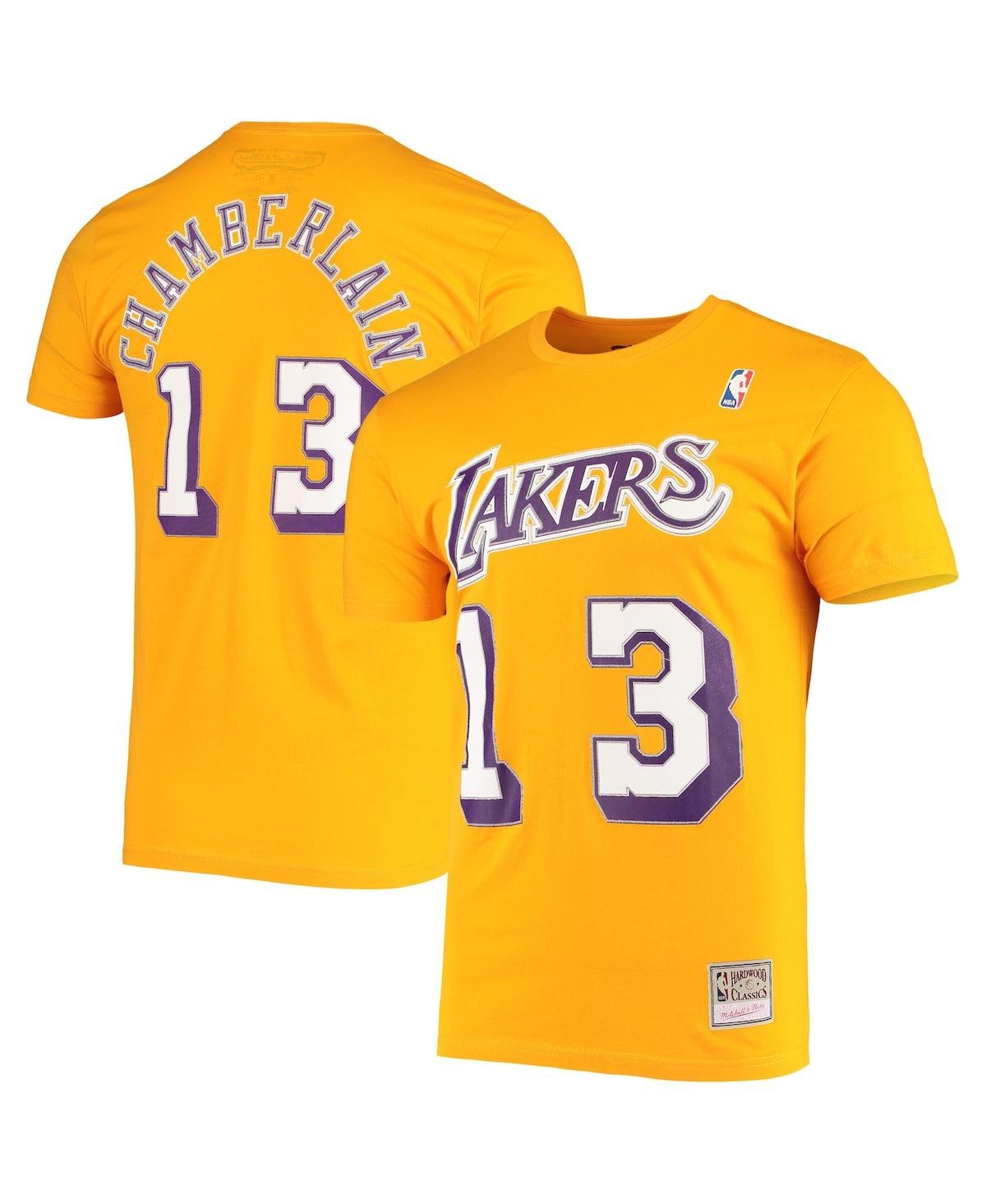 Men's Mitchell & Ness Wilt Chamberlain Gold Los Angeles Lakers Hardwood Classics Stitch Name and Number T-shirt - Gold
