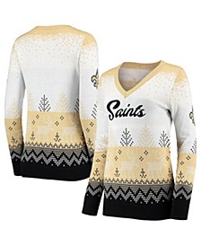 Women's White and Black New Orleans Saints Ugly V-Neck Pullover Sweater