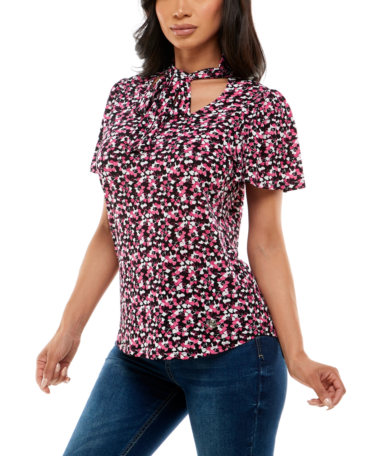 Women's Flutter Sleeve Top with Bow Tie at Neck